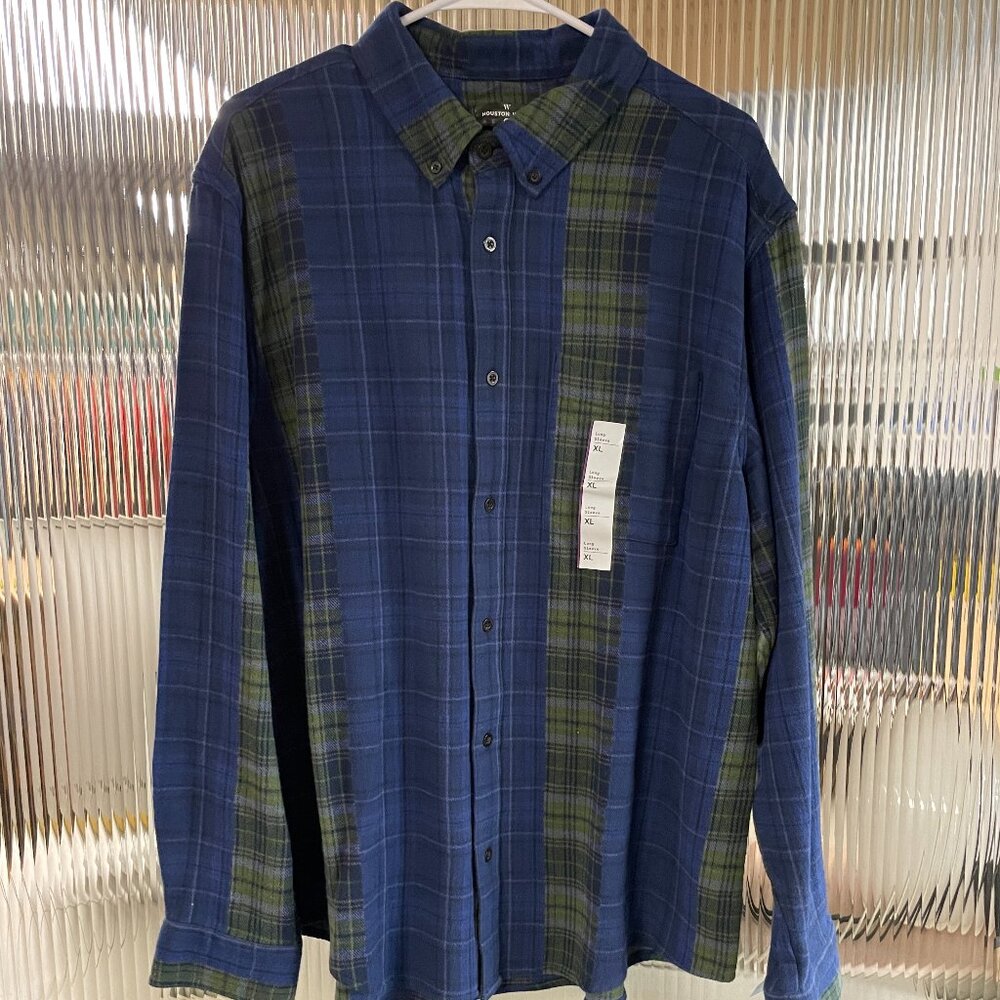 NWT Mens XL Plaid Button Down Houston White Patchwork Effect Houston Swag